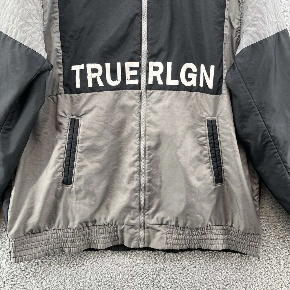 True Religion Jacket Men 2XL Gray Black Spellout Logo Full Zip Outdoor Windbreak